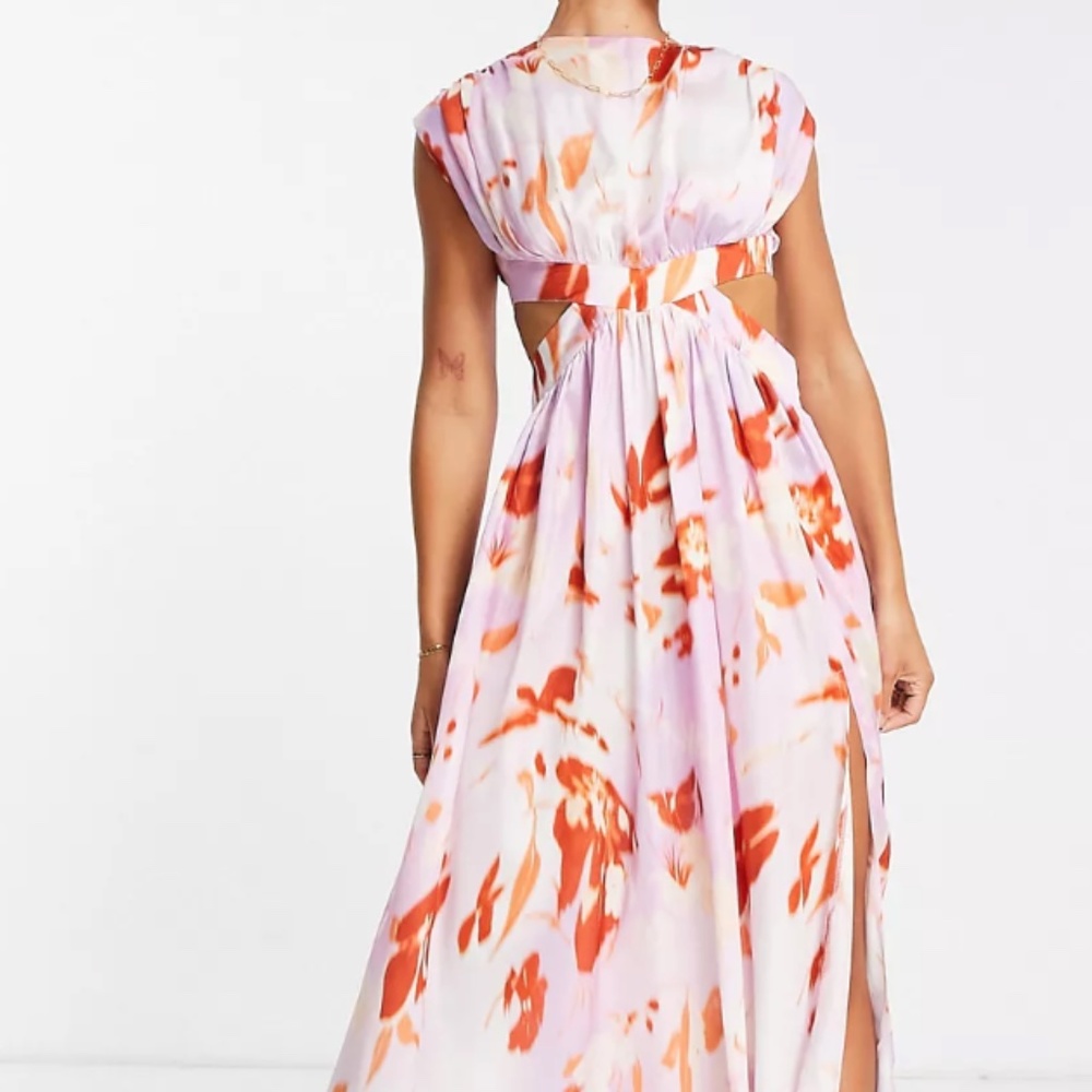 ASOS cut out sleeveless midi dress in lilac blurred floral